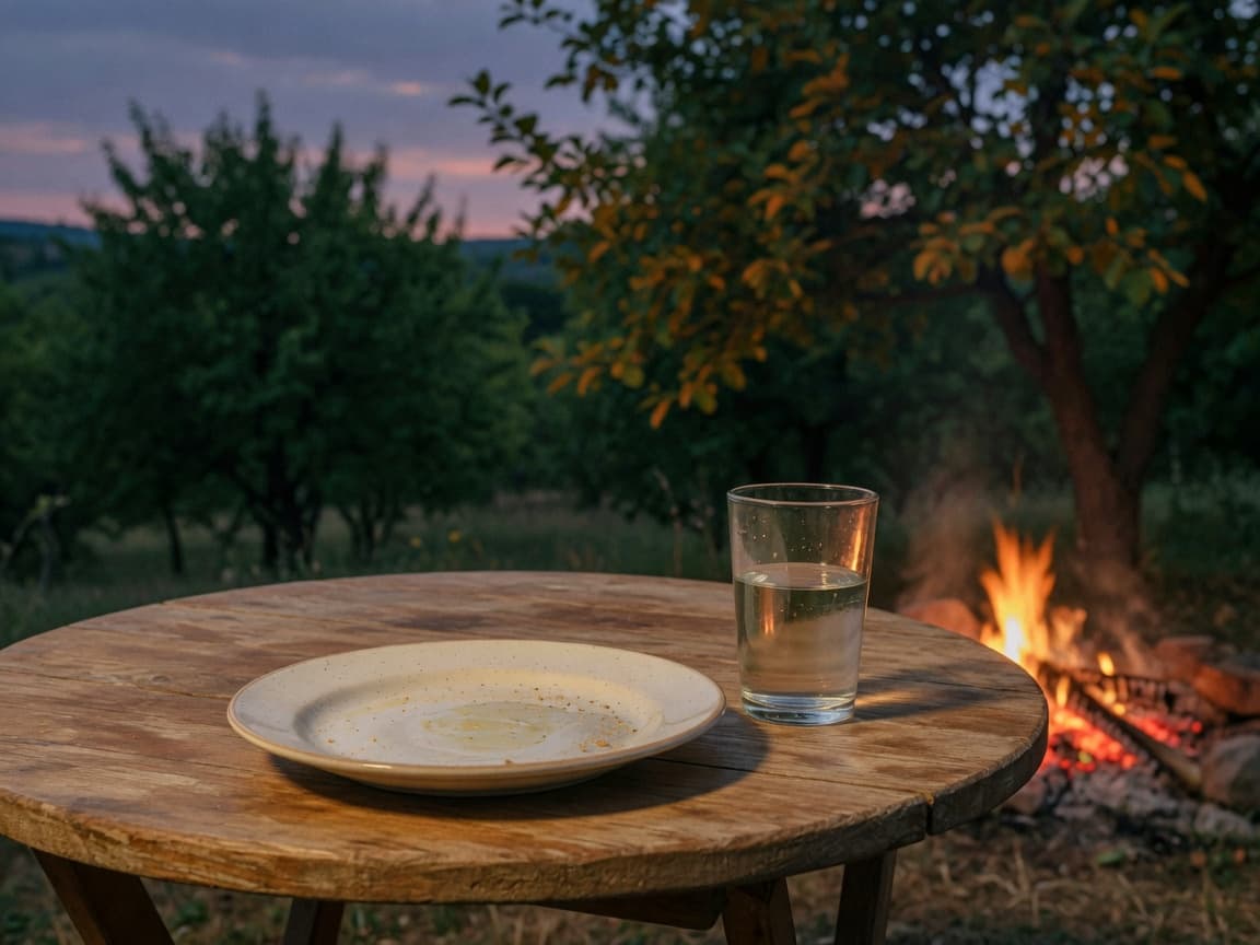 An outdoor table at dusk with soft campfire light in the background