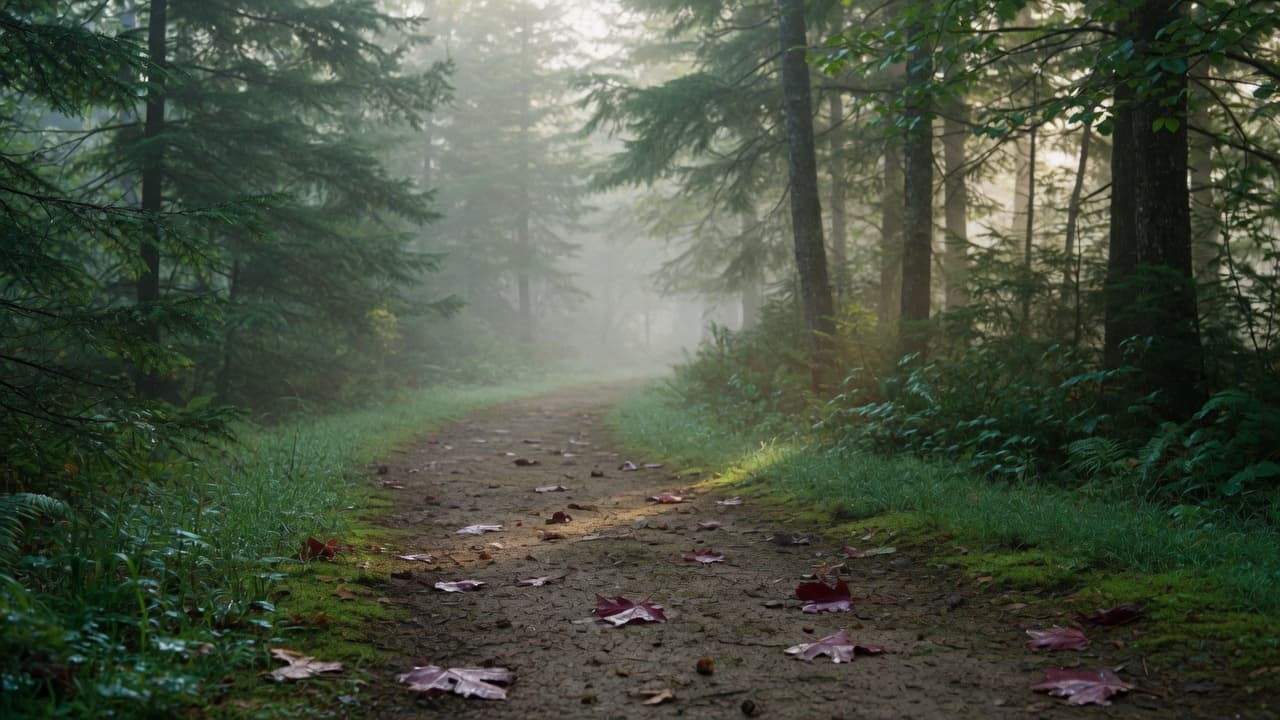 A soft path through deep green forest, light breaking through ahead