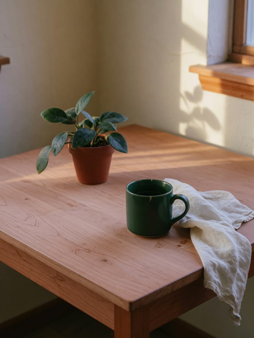 A quiet kitchen table in soft afternoon light, a green mug and simple place setting
