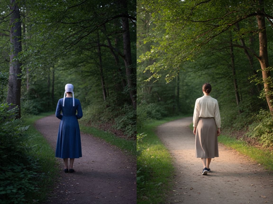From behind, a young woman in plain dress at the edge of a wooded path, and ahead the same path into open light where she walks in simple contemporary clothes